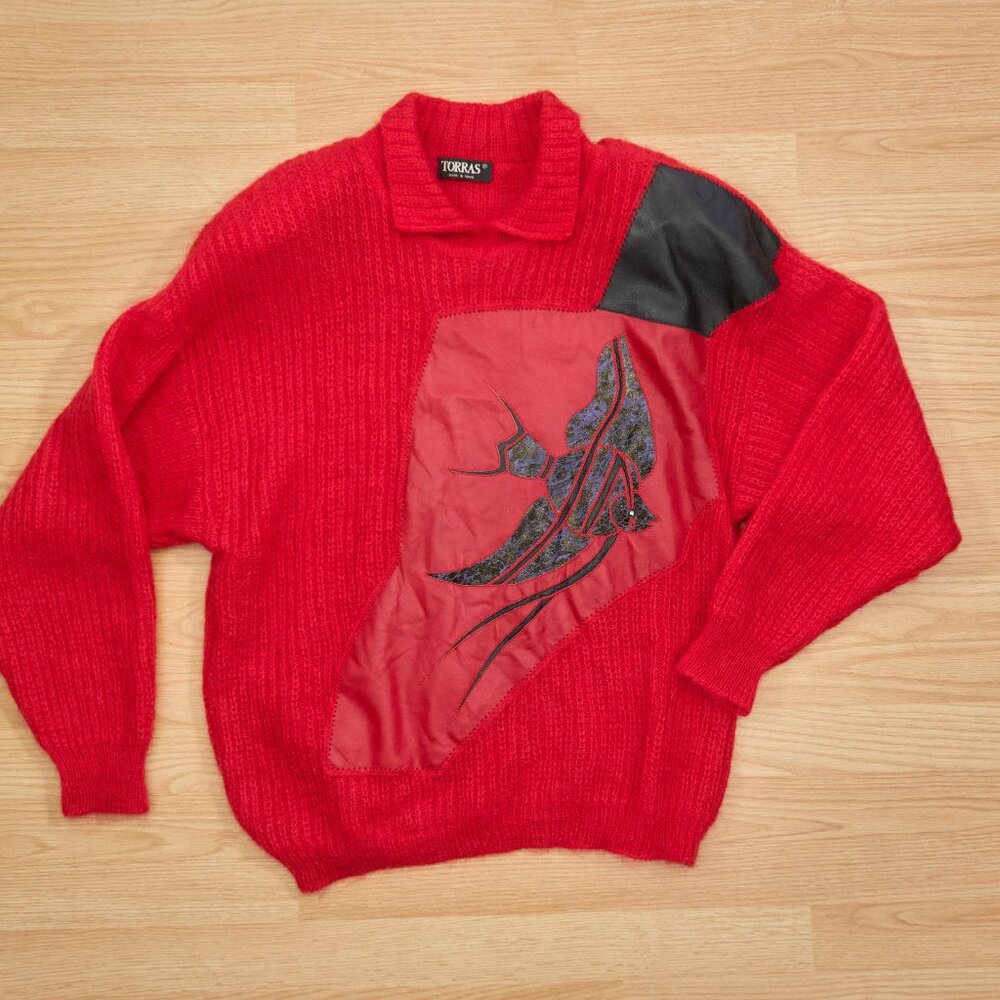 Vintage TORRAS Red Mohair Wool Women's Sweater, Leather applique, Size M